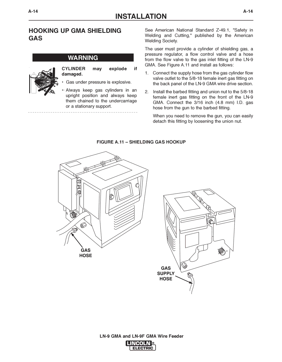 Lincoln Electric LN-9 GMA, LN-9F GMA manual Hooking UP GMA Shielding GAS, Cylinder may explode if damaged 