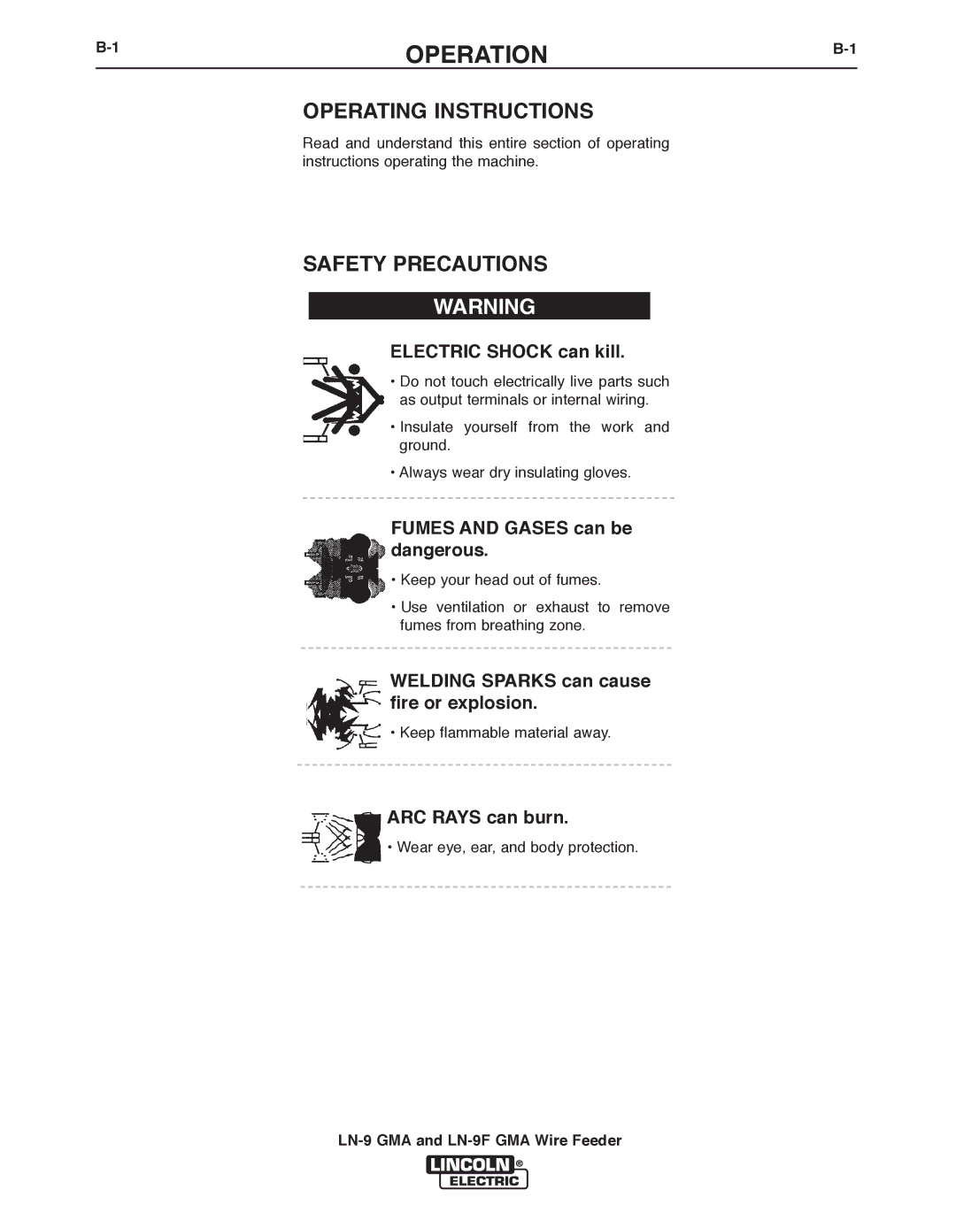 Lincoln Electric LN-9F GMA, LN-9 GMA manual Operating Instructions, Safety Precautions 