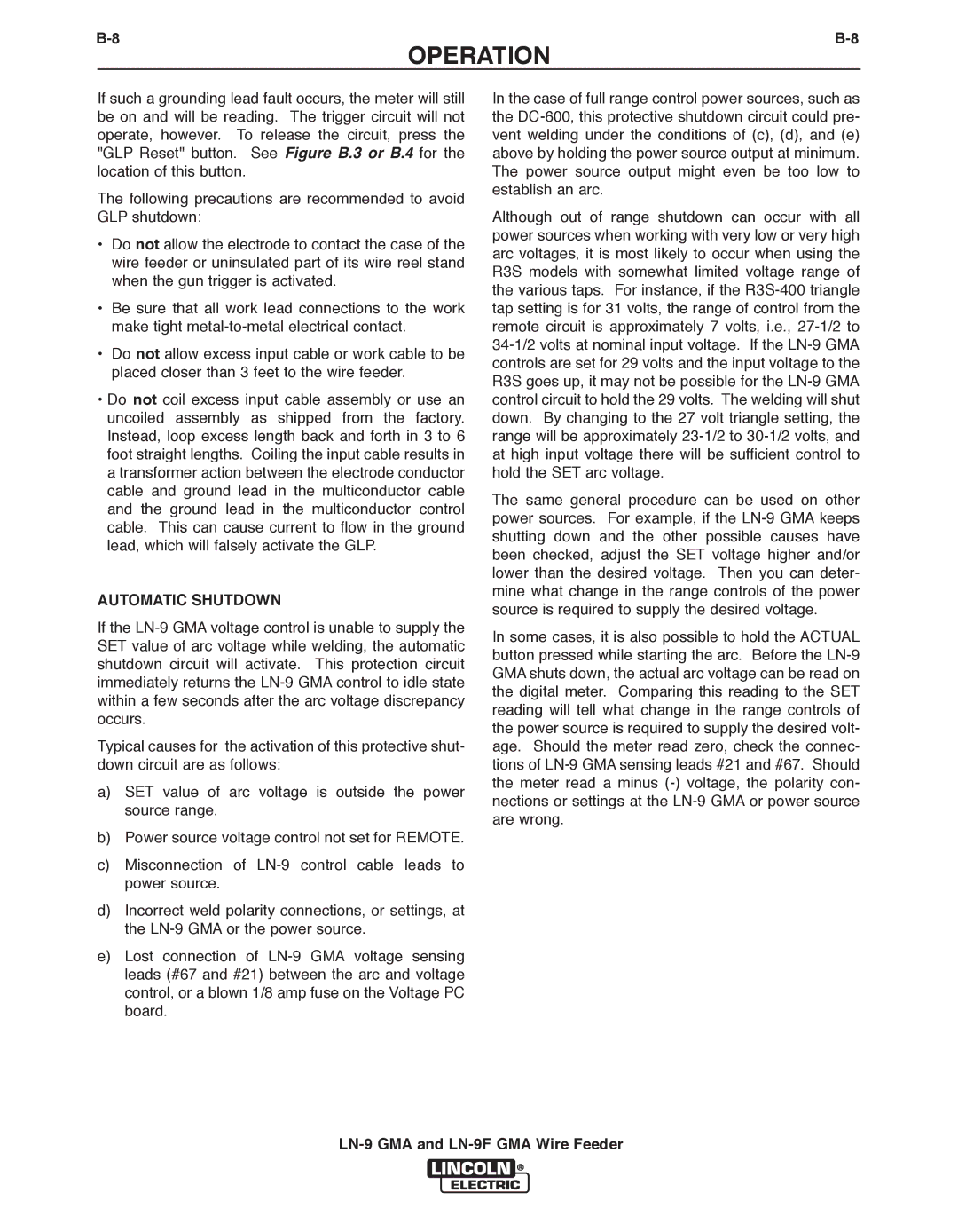Lincoln Electric LN-9 GMA, LN-9F GMA manual Automatic Shutdown 