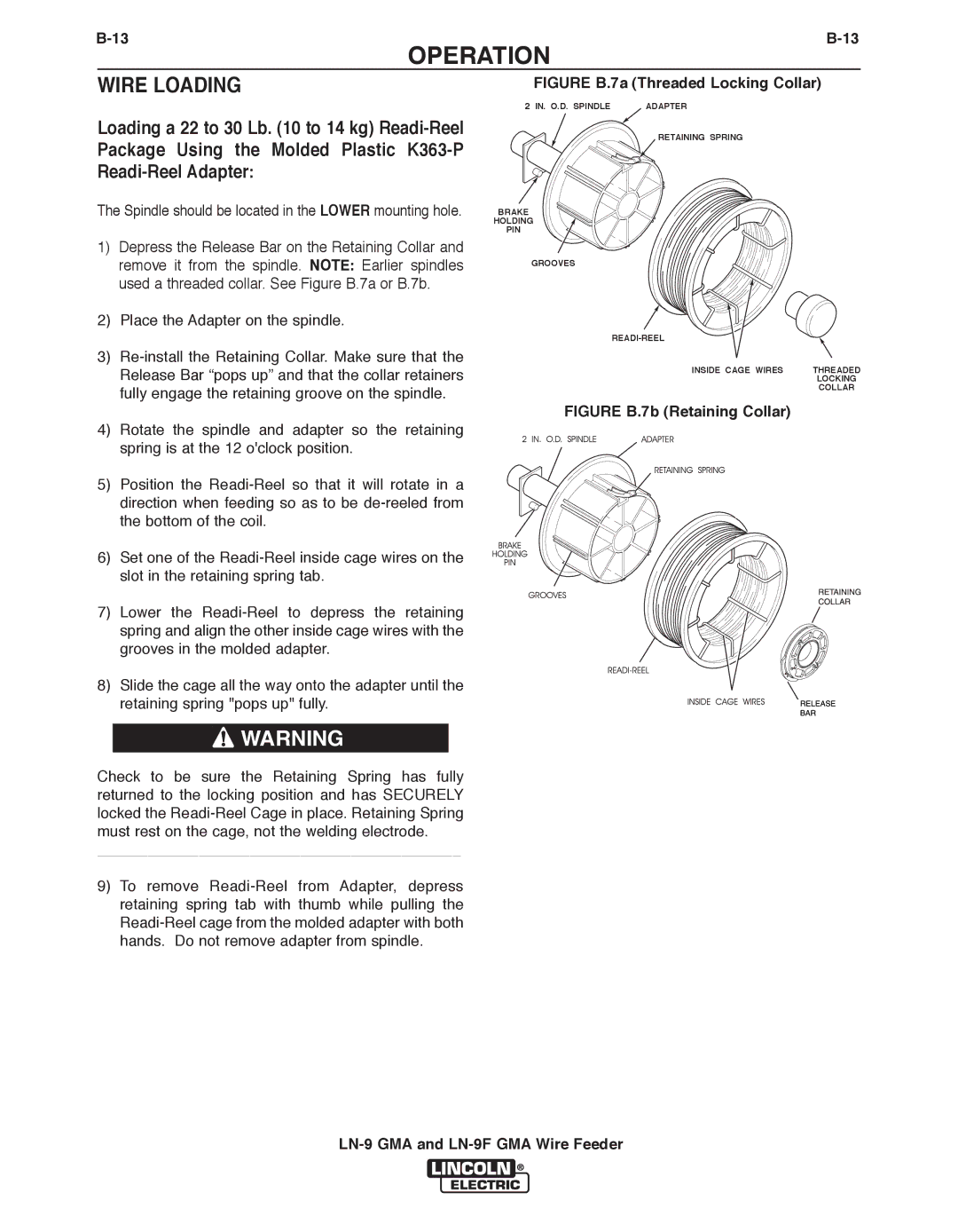 Lincoln Electric LN-9F GMA, LN-9 GMA manual Wire Loading, Figure b.7a Threaded Locking Collar 