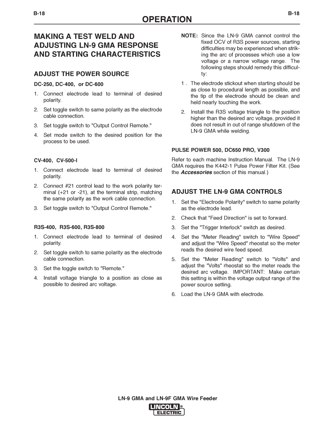 Lincoln Electric LN-9F GMA manual Adjust the Power Source, Adjust the LN-9 GMA Controls, DC-250, DC-400, or DC-600 