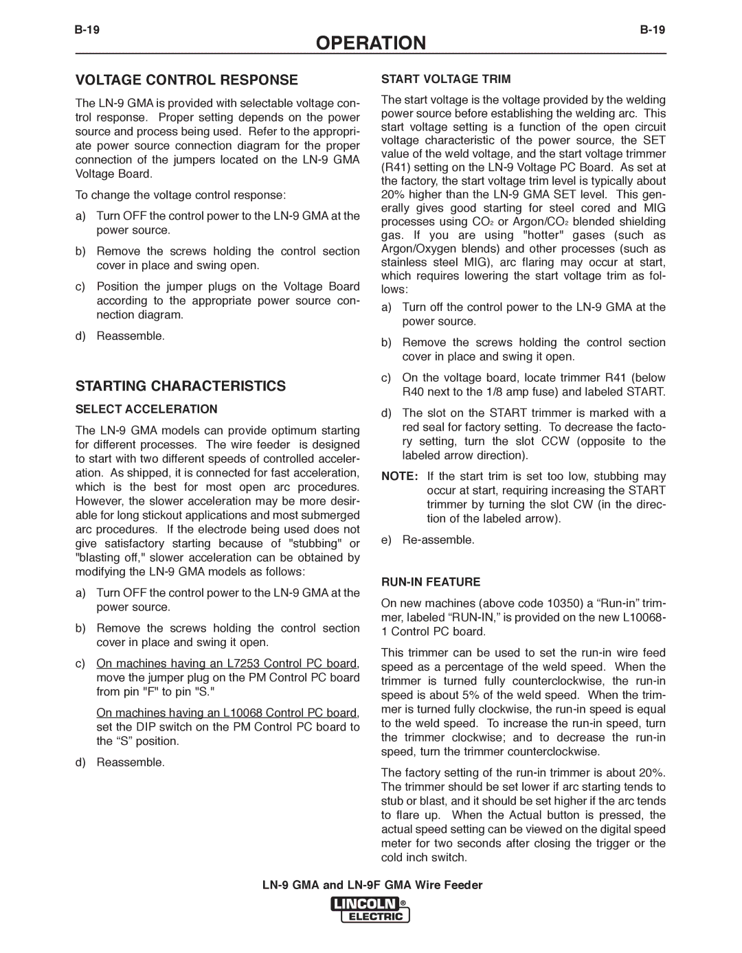 Lincoln Electric LN-9F GMA Voltage Control Response, Starting Characteristics, Select Acceleration, Start Voltage Trim 