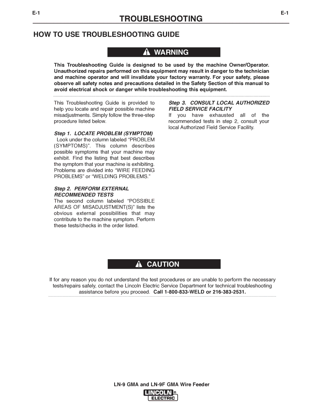 Lincoln Electric LN-9 GMA, LN-9F GMA manual TROUbLESHOOTING 