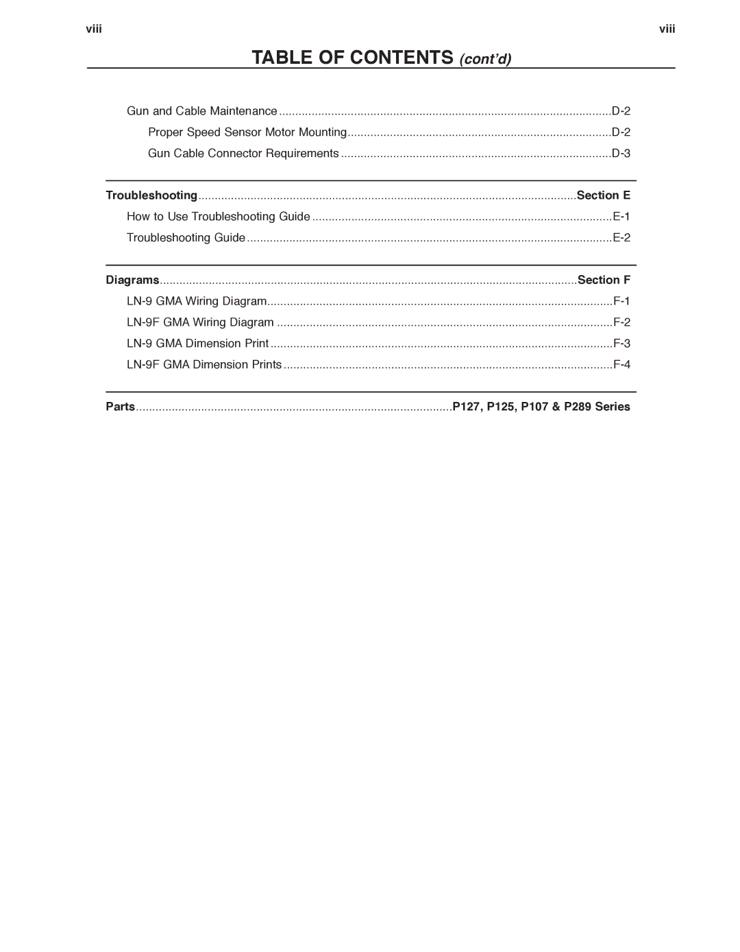 Lincoln Electric LN-9 GMA, LN-9F GMA manual Viii, Section E, Section F, P127, P125, P107 & P289 Series 