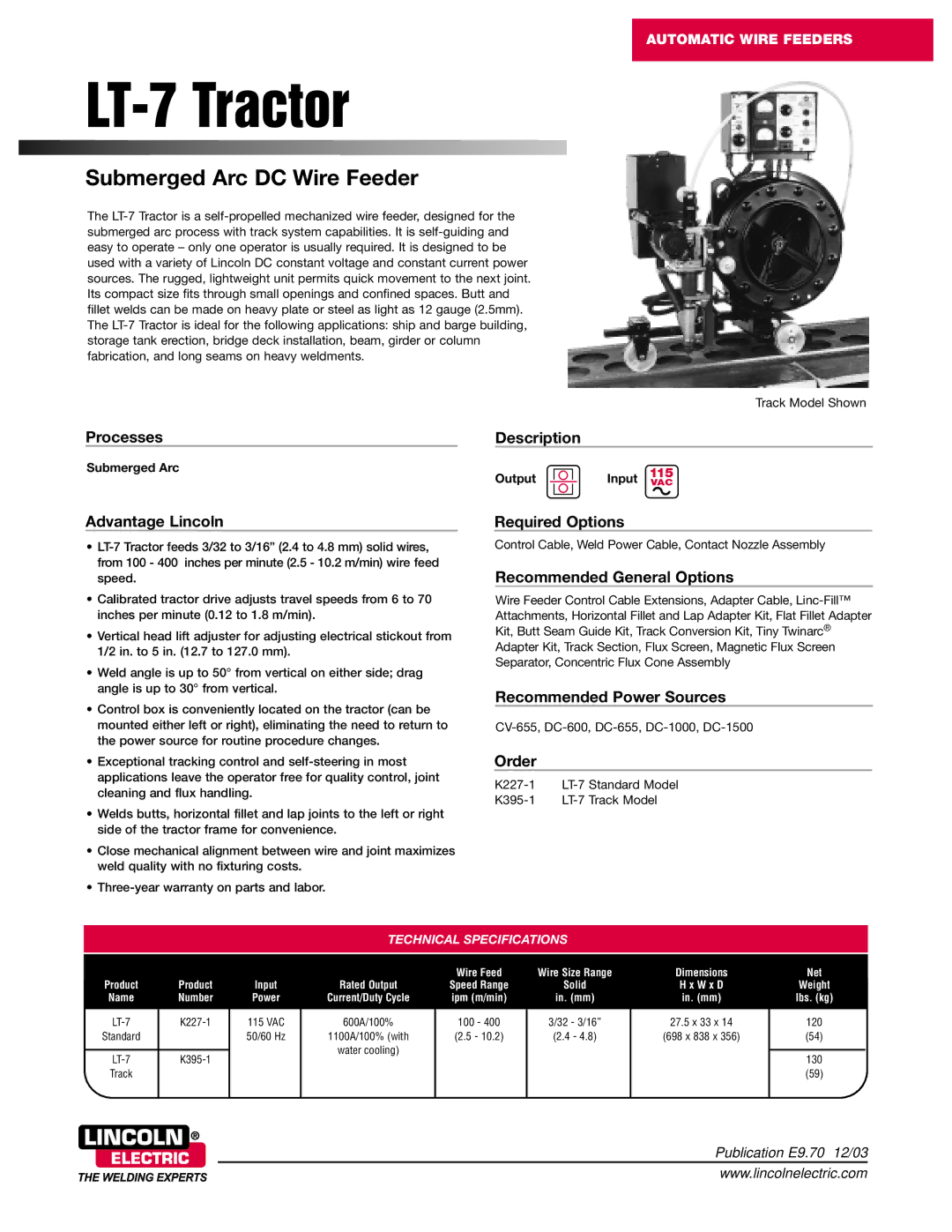 Lincoln Electric technical specifications LT-7 Tractor, Technical Specifications 