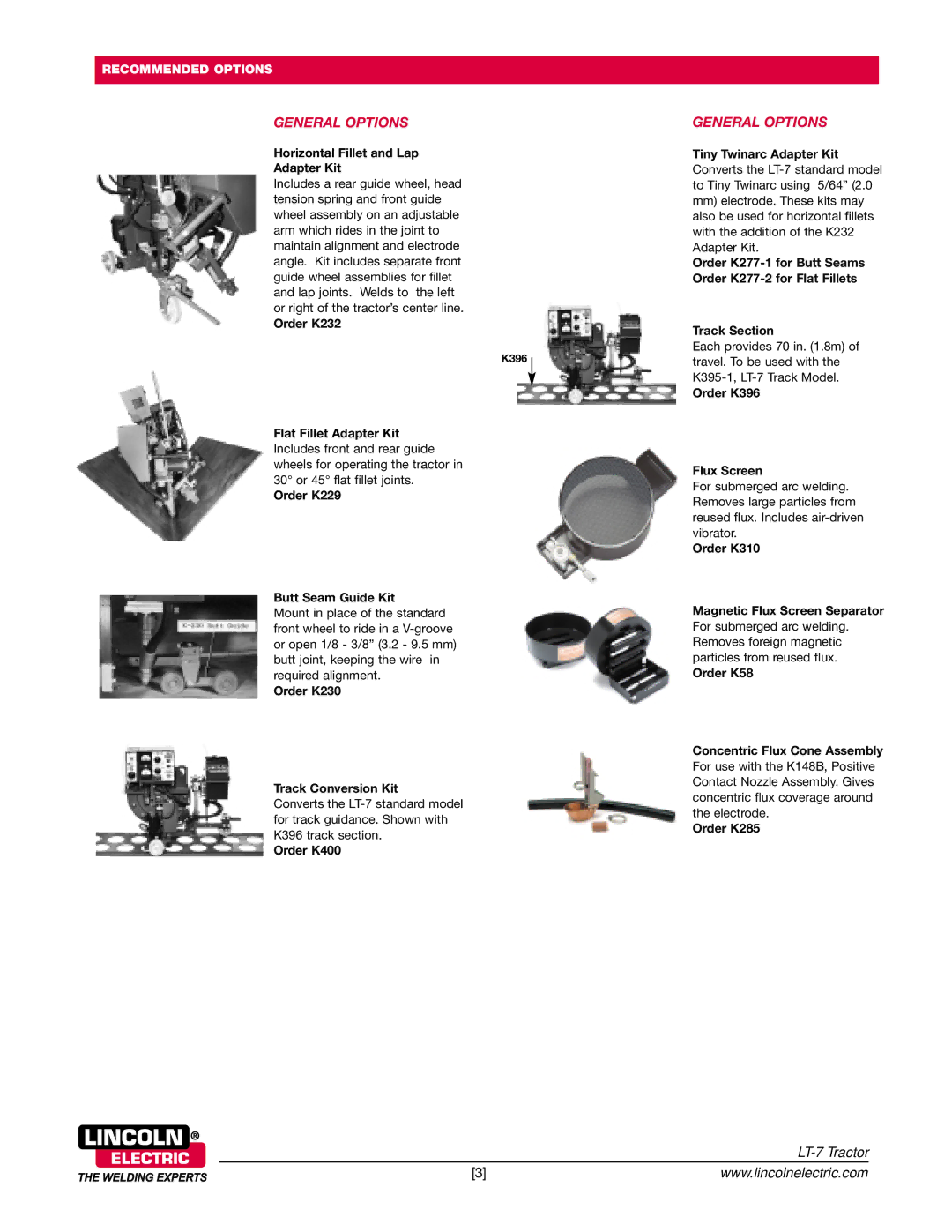 Lincoln Electric LT-7 technical specifications General Options, Horizontal Fillet and Lap Adapter Kit 