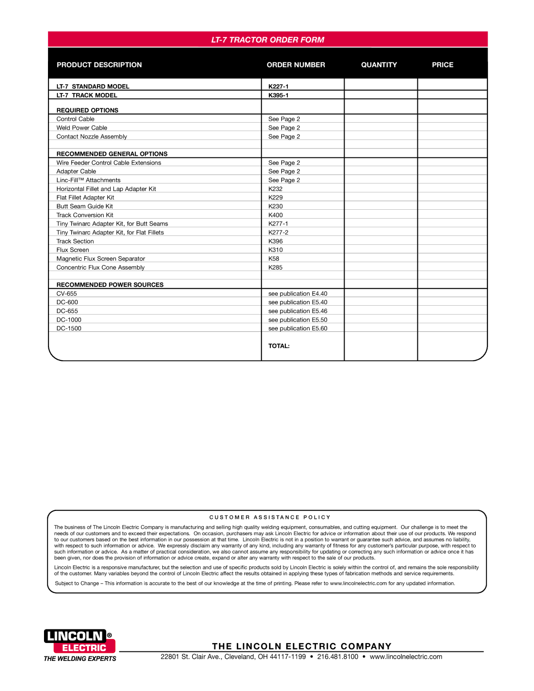 Lincoln Electric LT-7 technical specifications Lincoln Electric Company 