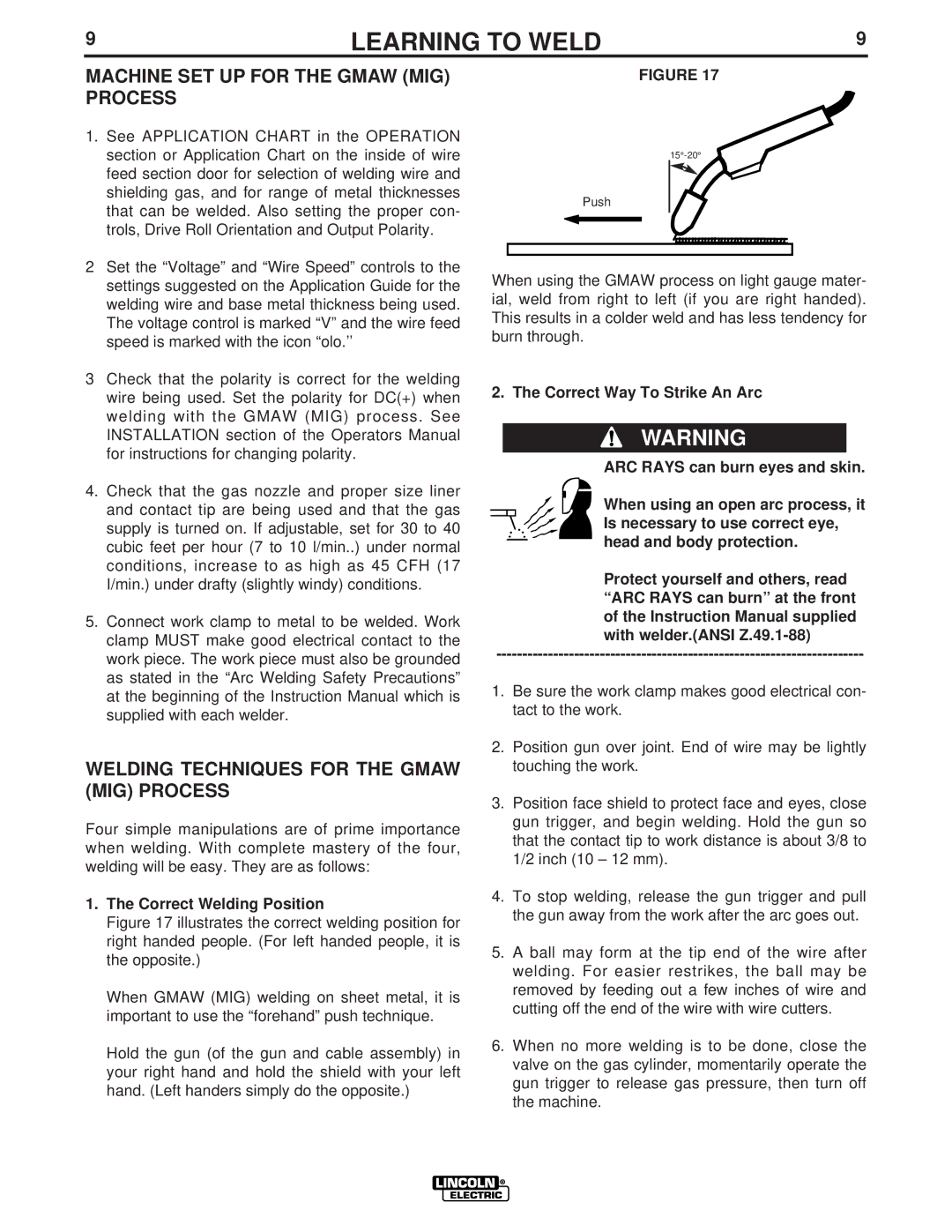 Lincoln Electric LTW1 manual Machine SET UP for the Gmaw MIG Process, Welding Techniques for the Gmaw MIG Process 