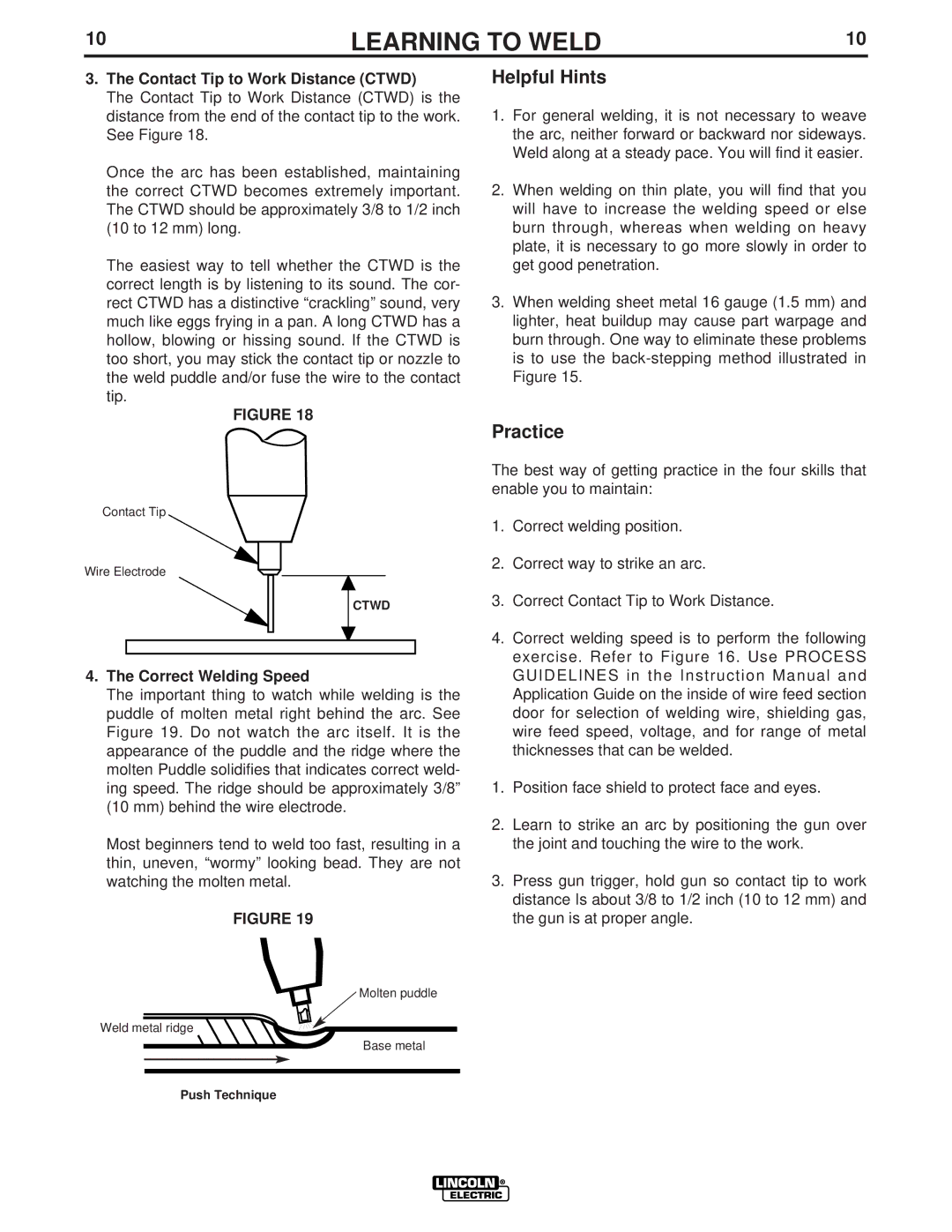 Lincoln Electric LTW1 manual Contact Tip to Work Distance Ctwd, Correct Welding Speed 