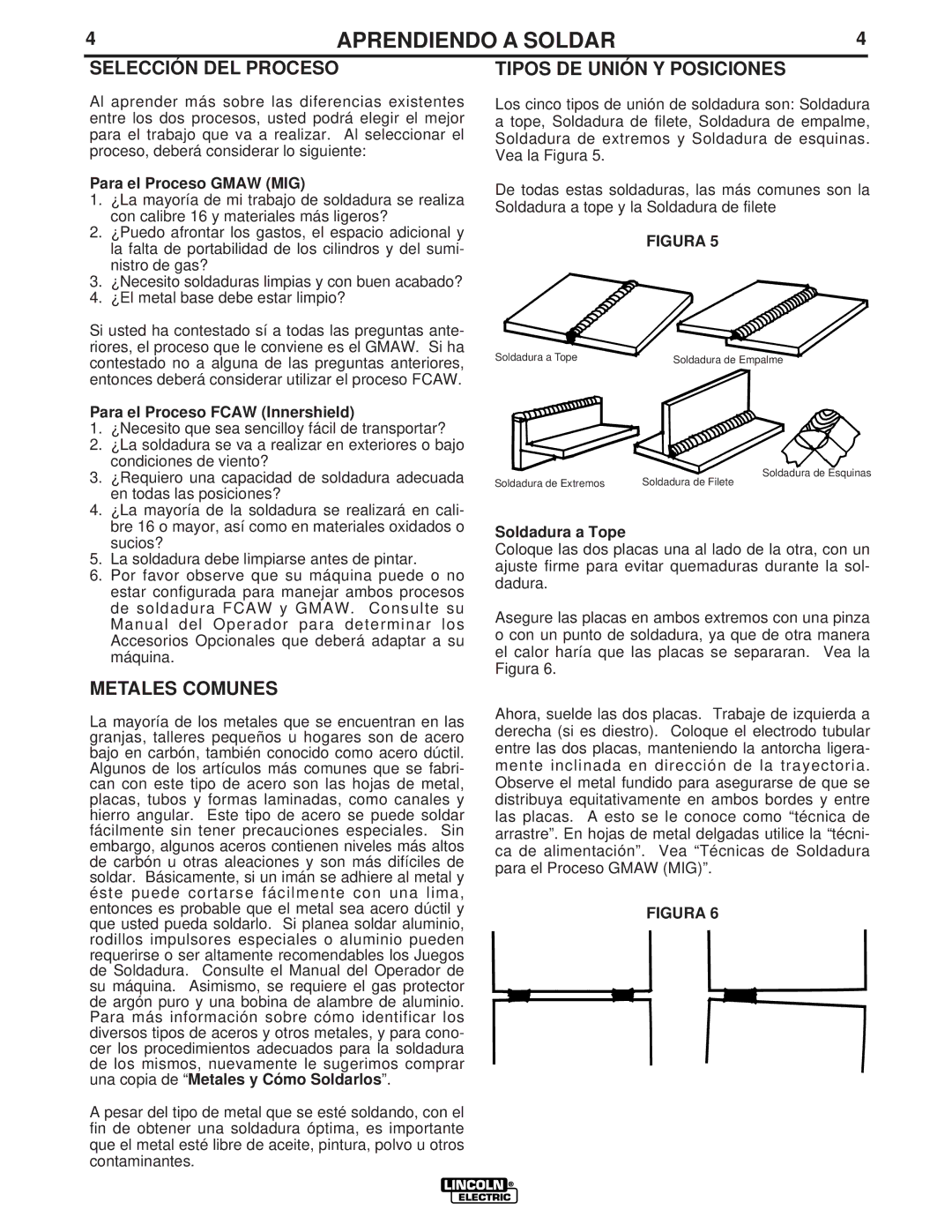 Lincoln Electric LTW1 manual Selección DEL Proceso, Metales Comunes, Tipos DE Unión Y Posiciones 