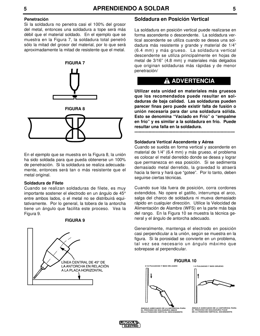Lincoln Electric LTW1 manual Soldadura en Posición Vertical, Penetración, Soldadura de Filete 