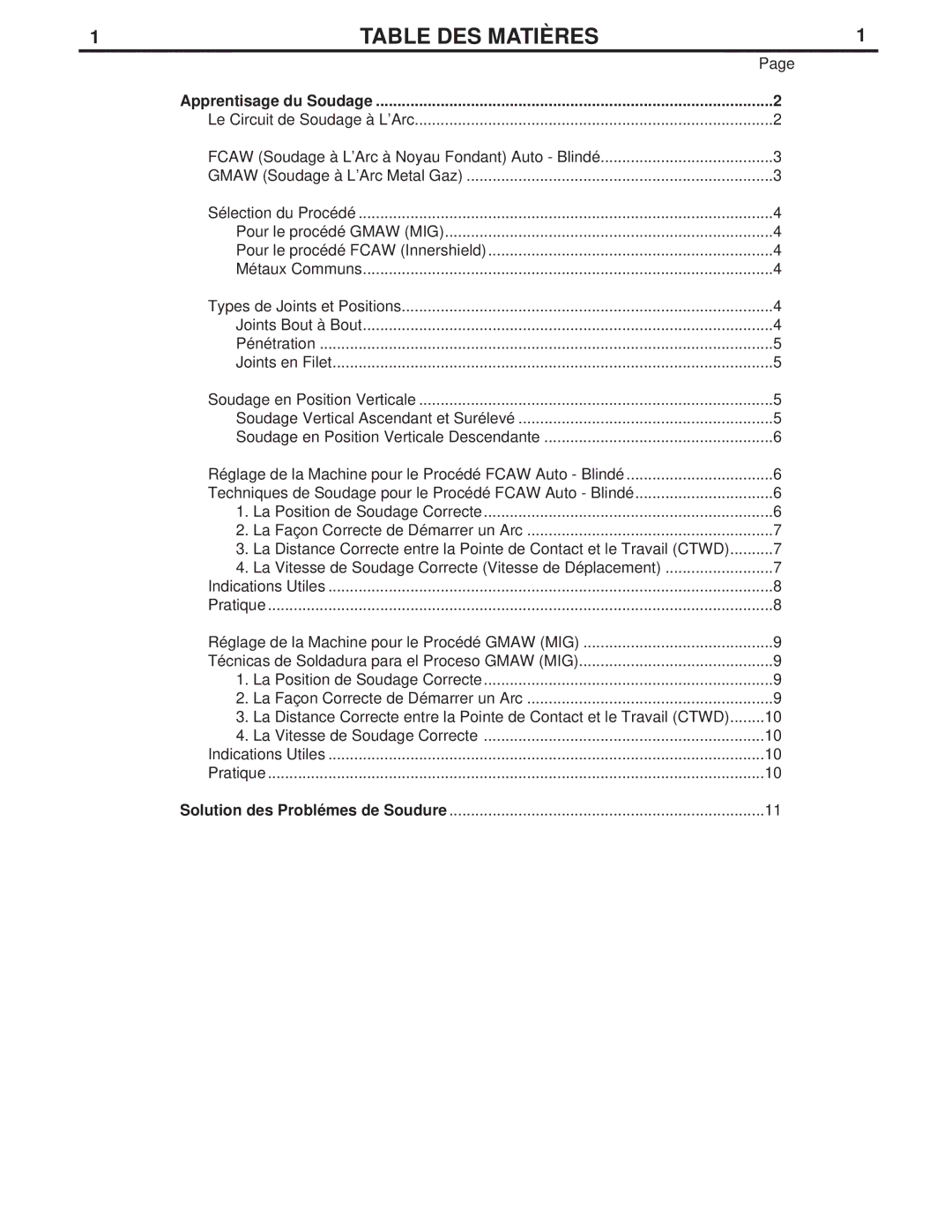 Lincoln Electric LTW1 manual Table DES Matières, Apprentisage du Soudage 