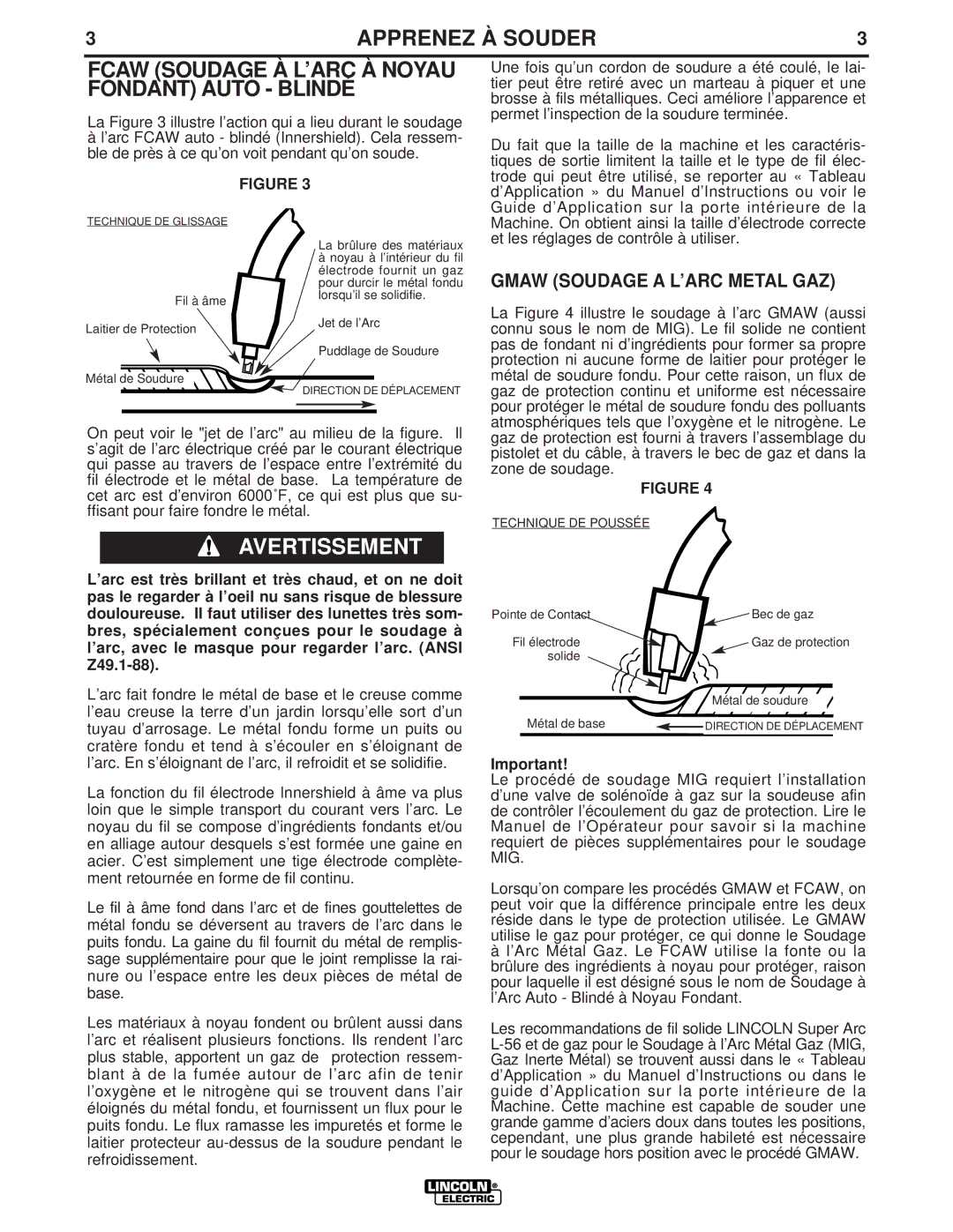 Lincoln Electric LTW1 manual Gmaw Soudage a L’ARC Metal GAZ, Technique DE Poussée 