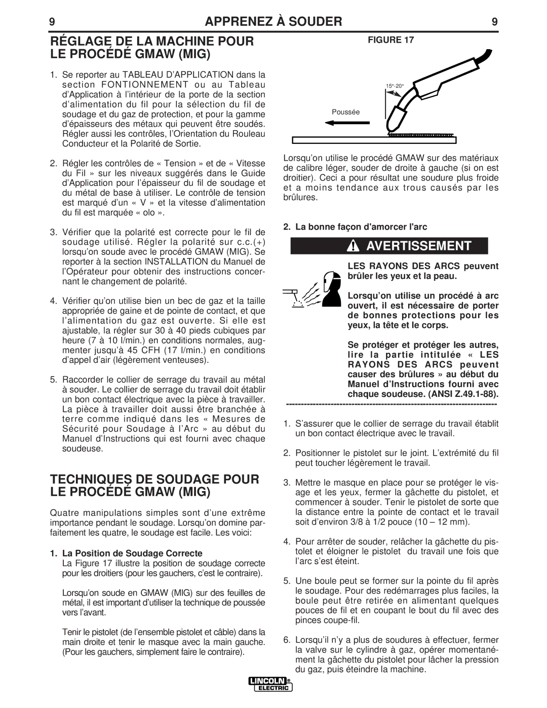 Lincoln Electric LTW1 manual Techniques DE Soudage Pour LE Procédé Gmaw MIG, La bonne façon damorcer larc 