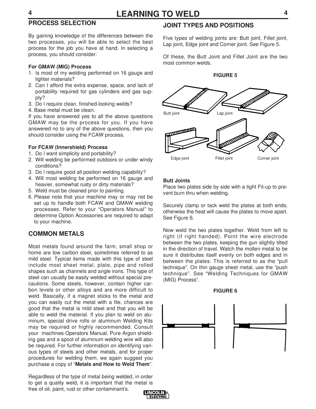 Lincoln Electric LTW1 manual Process Selection, Common Metals, Joint Types and Positions 