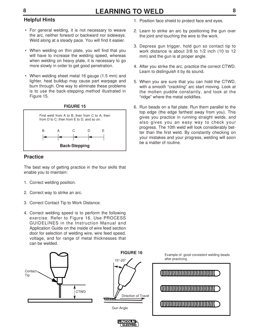 Lincoln Electric LTW1 manual Helpful Hints, Practice, Back-Stepping 