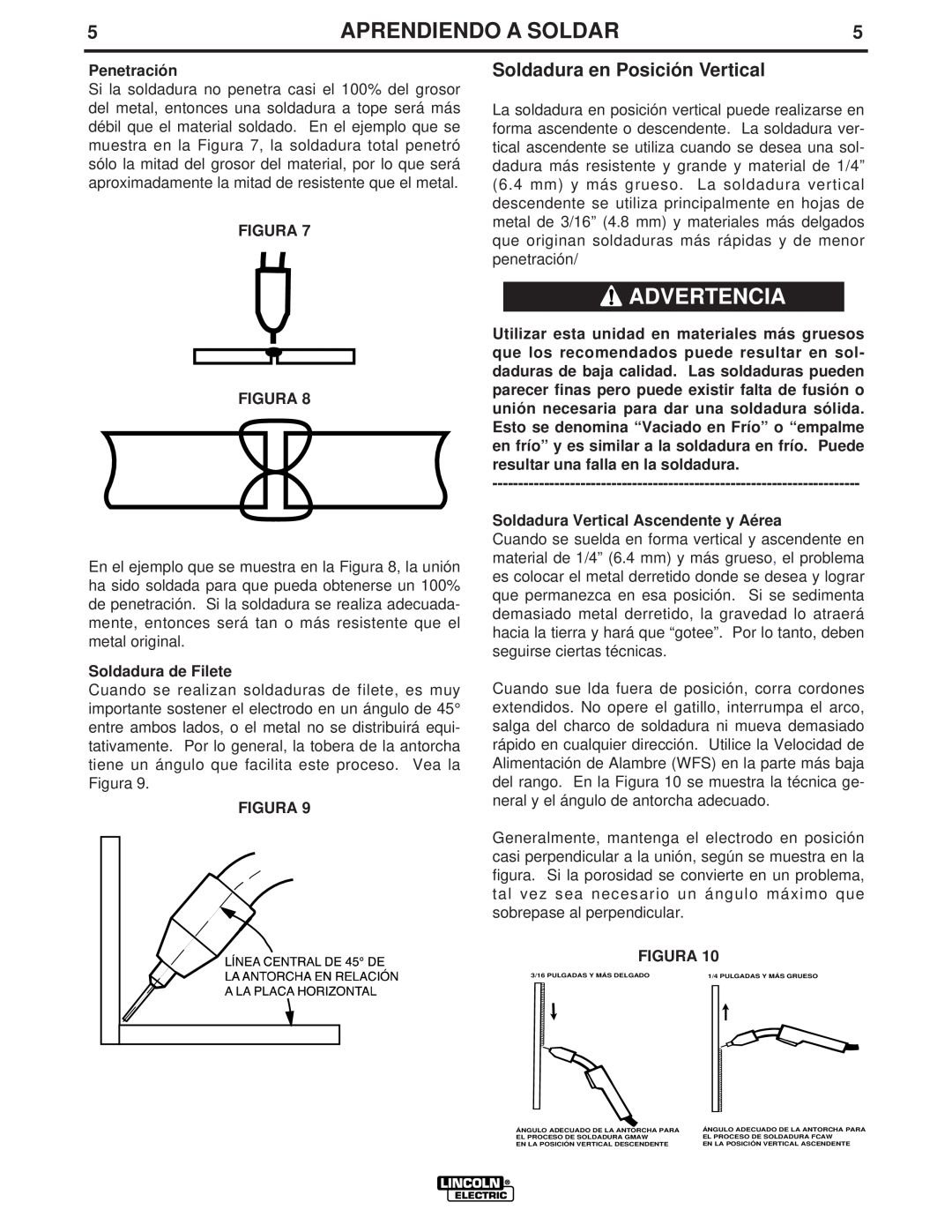 Lincoln Electric LTW1 manual Soldadura en Posición Vertical, Penetración, Figura Figura, Soldadura de Filete, Advertencia 