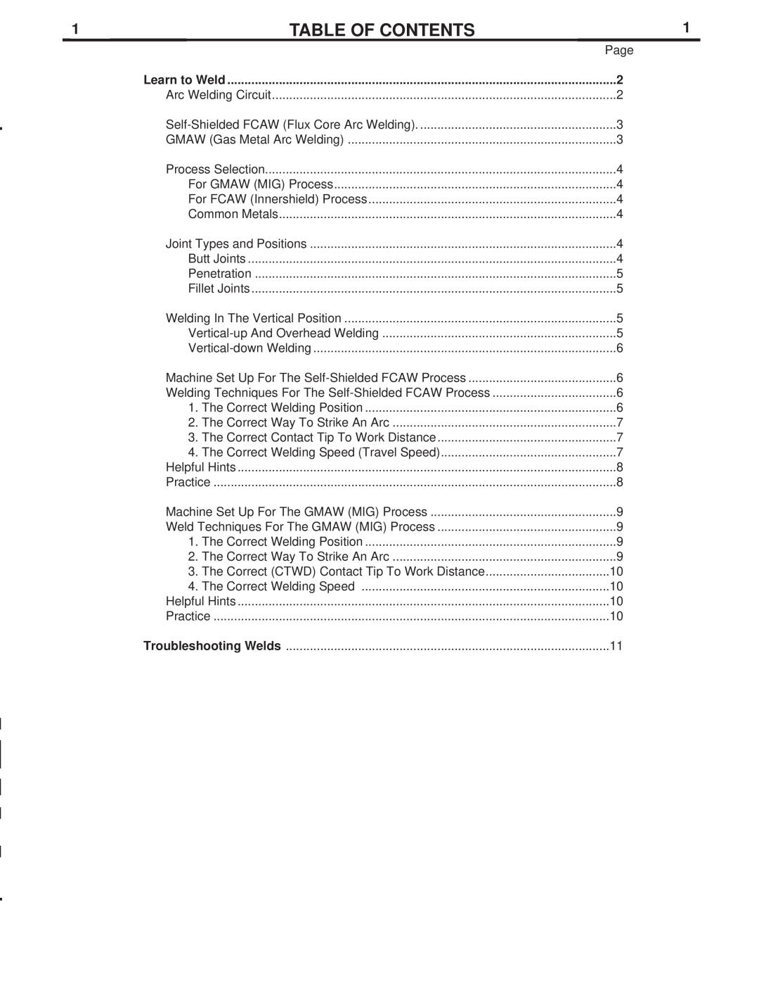 Lincoln Electric LTW1 manual Table Of Contents, Learn to Weld 