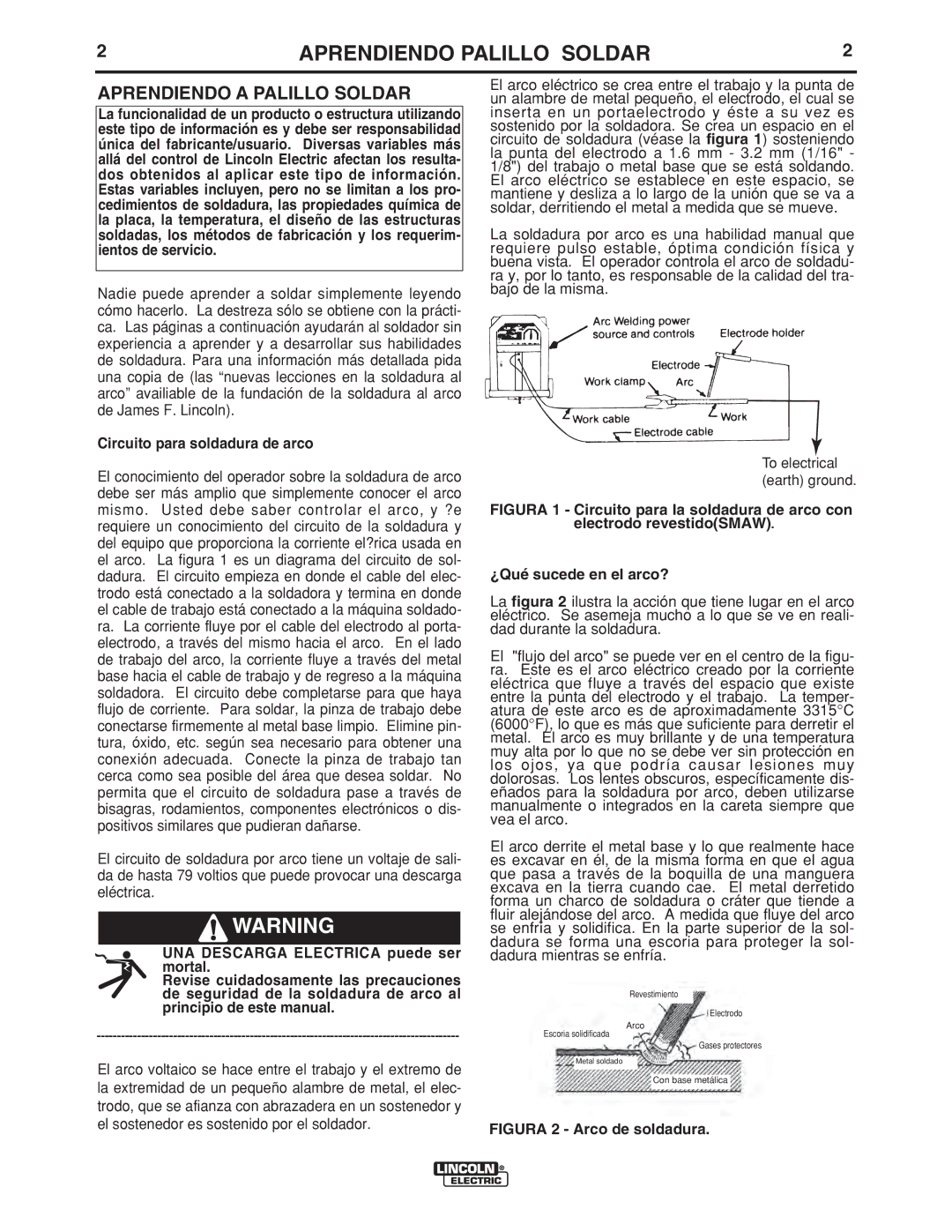 Lincoln Electric LTW2 manual Aprendiendo Palillo Soldar, Aprendiendo a Palillo Soldar, Circuito para soldadura de arco 