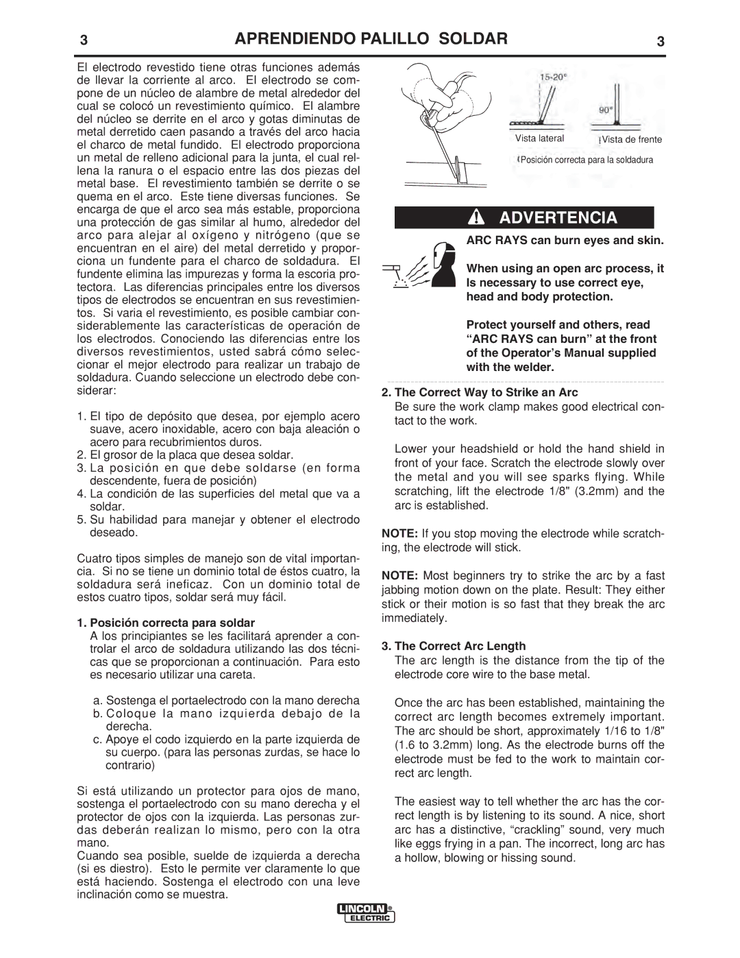 Lincoln Electric LTW2 manual Advertencia, Posición correcta para soldar 