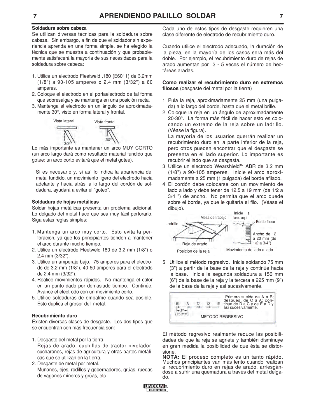 Lincoln Electric LTW2 manual Soldadura sobre cabeza, Soldadura de hojas metálicas, Recubrimiento duro 