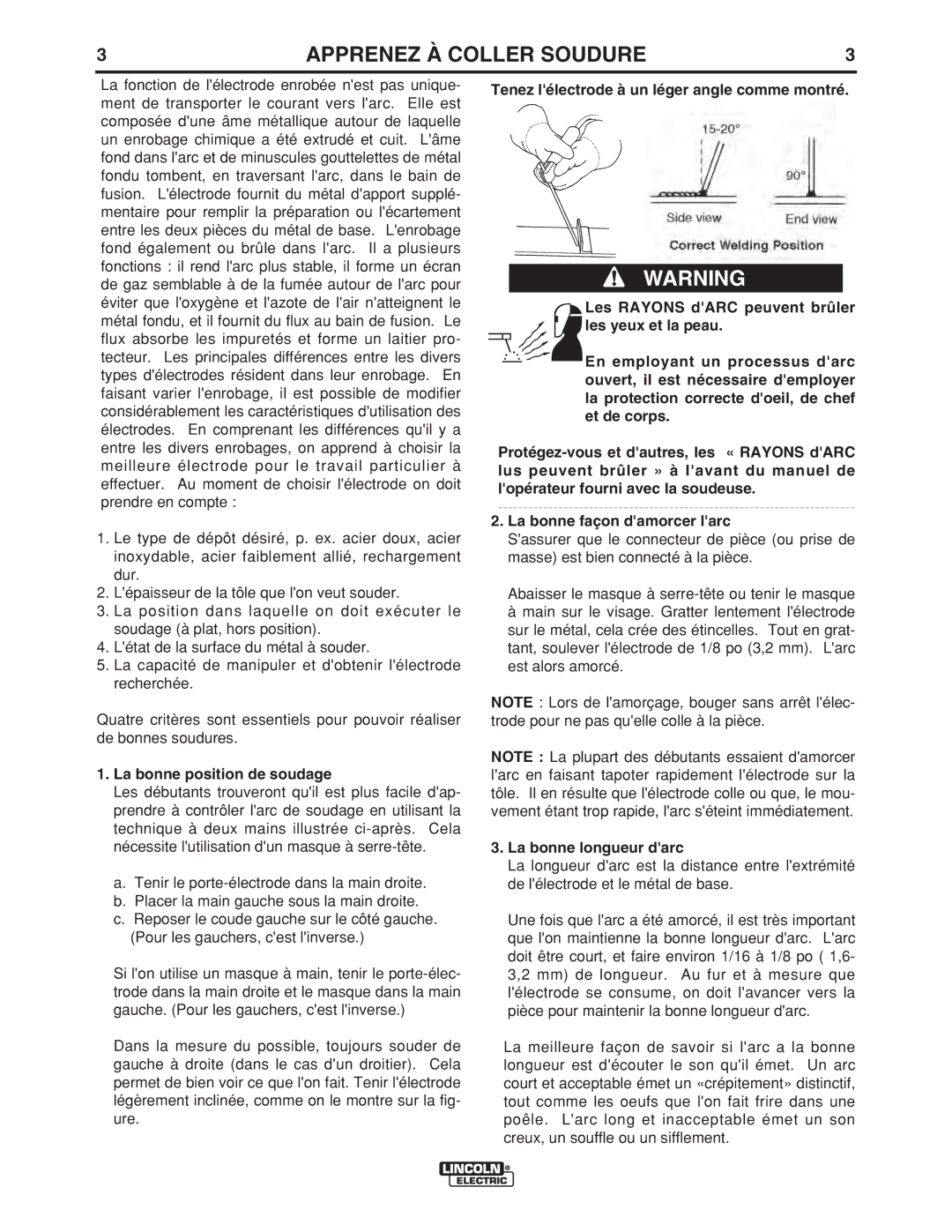 Lincoln Electric LTW2 manual La bonne position de soudage, La bonne longueur darc 