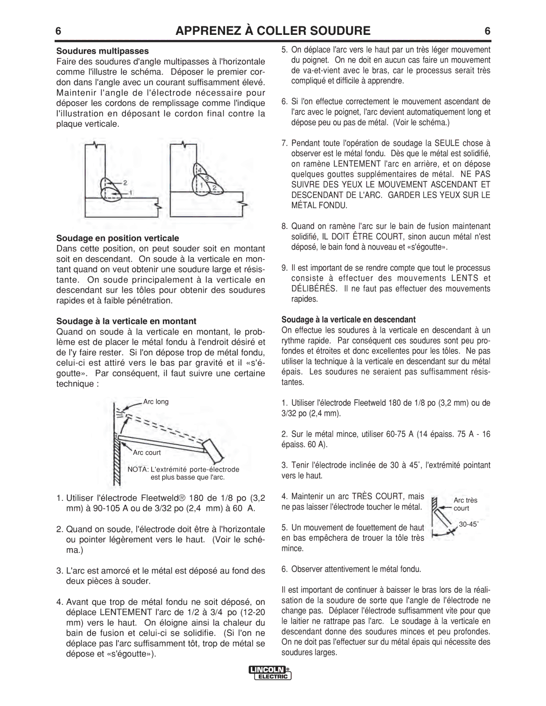 Lincoln Electric LTW2 manual Soudures multipasses, Soudage en position verticale, Soudage à la verticale en montant 