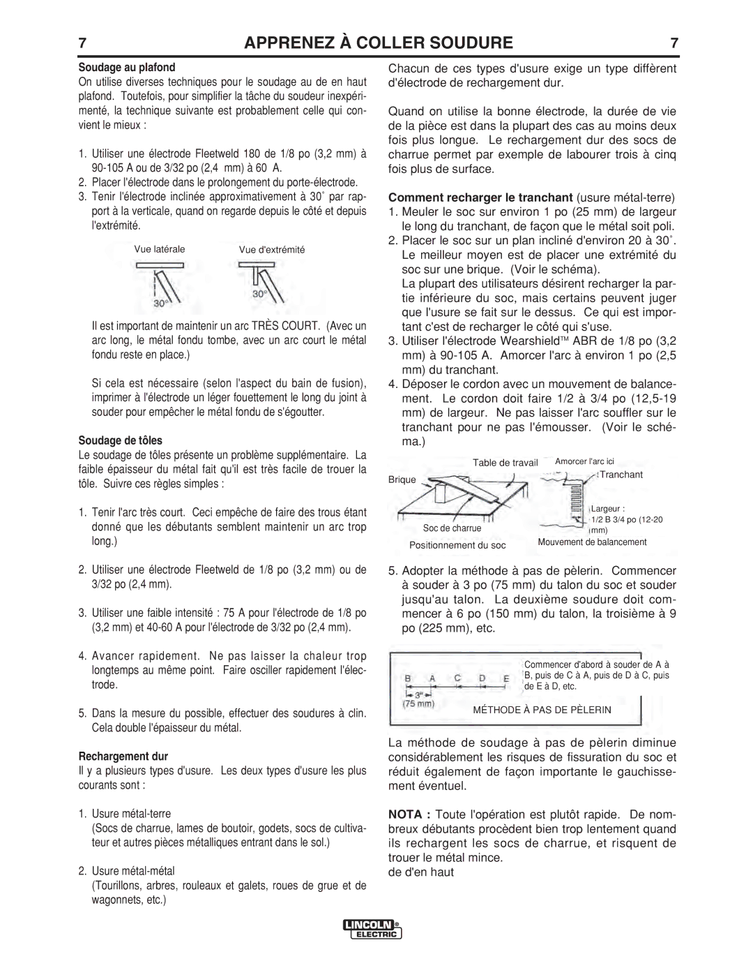 Lincoln Electric LTW2 manual Soudage au plafond, Soudage de tôles, Rechargement dur 