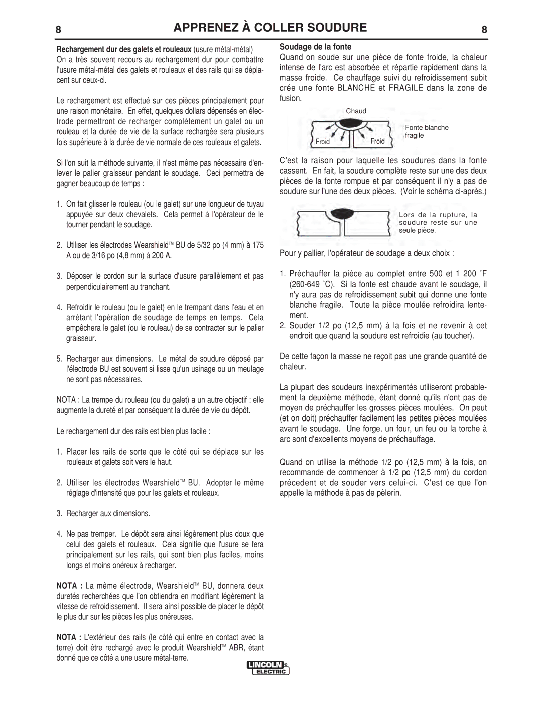 Lincoln Electric LTW2 manual Recharger aux dimensions, Soudage de la fonte 