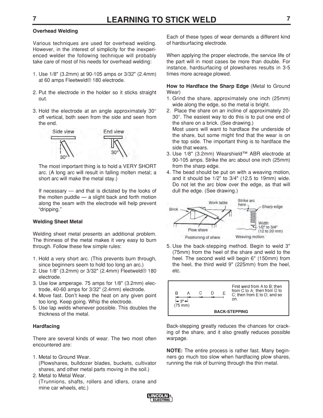 Lincoln Electric LTW2 manual Overhead Welding, Welding Sheet Metal, Hardfacing 