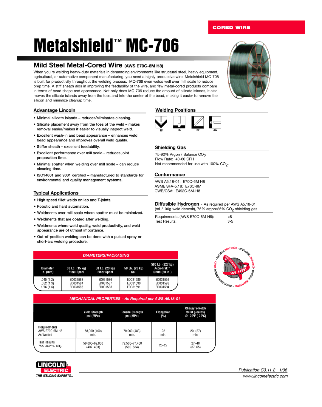 Lincoln Electric MC-706 manual Advantage Lincoln Welding Positions, Shielding Gas, Typical Applications, Conformance 