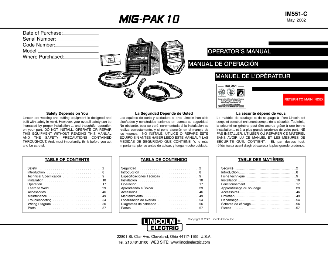 Lincoln Electric MIG-PAK 10 manual Tabla DE Contenido, Table DES Matières 