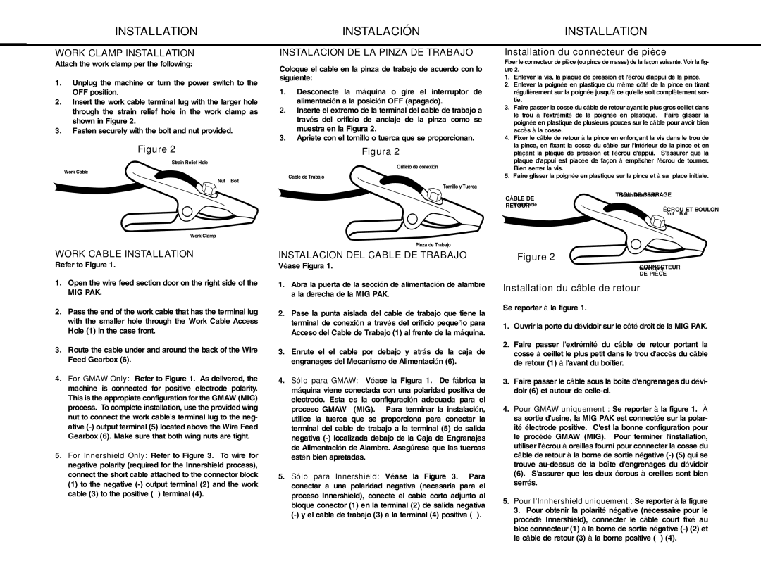 Lincoln Electric MIG-PAK 10 manual Work Clamp Installation, Instalacion DE LA Pinza DE Trabajo, Work Cable Installation 