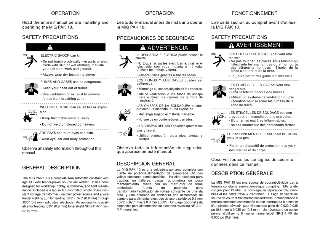 Lincoln Electric MIG-PAK 10 Operation Operacion, Safety Precautions, Precauciones DE Seguridad, Electric Shock can kill 