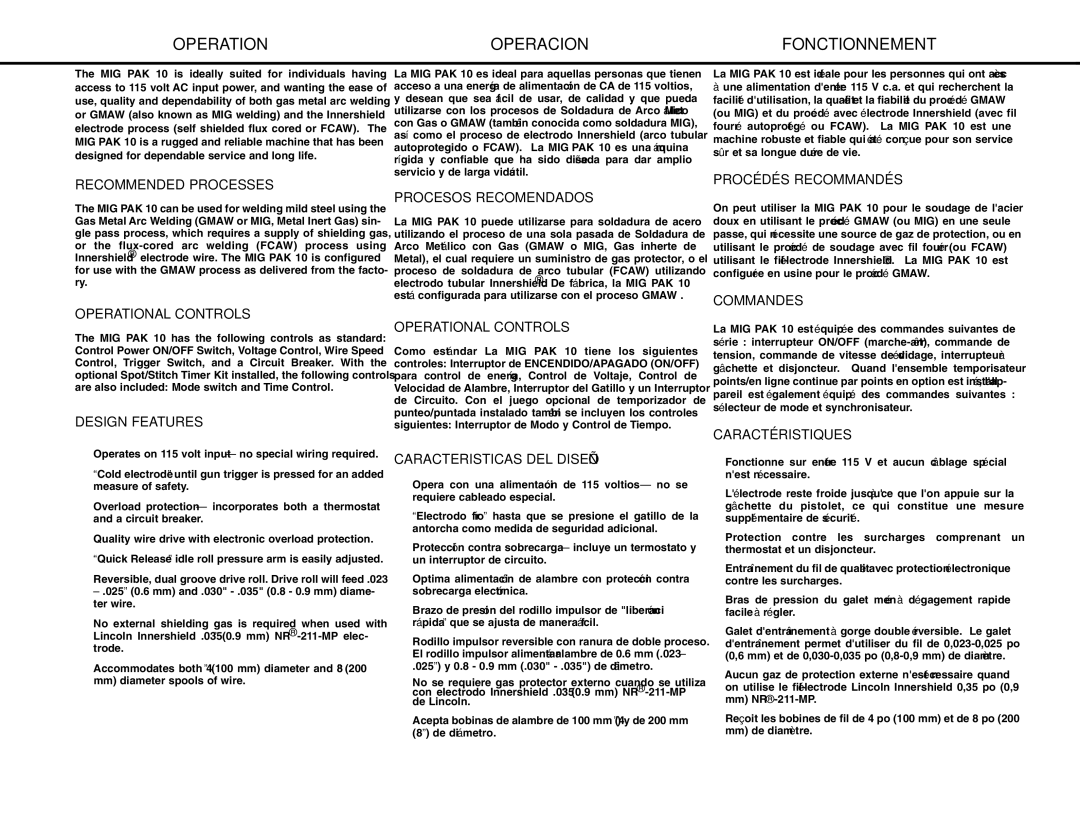 Lincoln Electric MIG-PAK 10 manual Operation, Fonctionnement 
