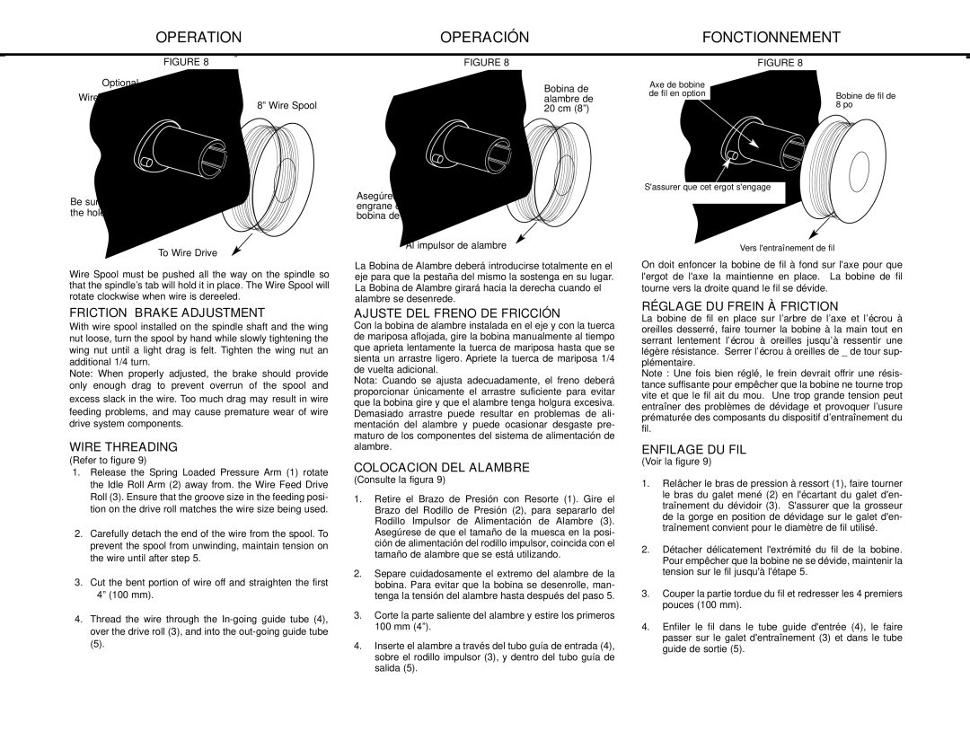 Lincoln Electric MIG-PAK 10 manual Friction Brake Adjustment, Wire Threading, Ajuste DEL Freno DE Fricción, Enfilage DU FIL 