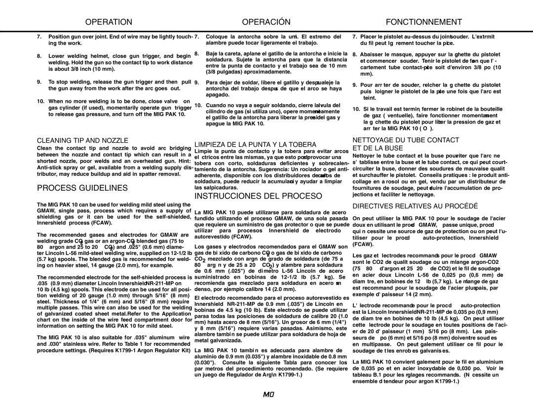 Lincoln Electric MIG-PAK 10 manual Process Guidelines, Instrucciones DEL Proceso 