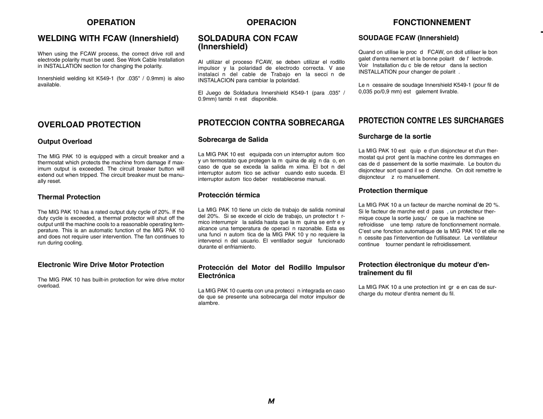 Lincoln Electric MIG-PAK 10 manual Welding with Fcaw Innershield, Soldadura CON Fcaw Innershield, Overload Protection 