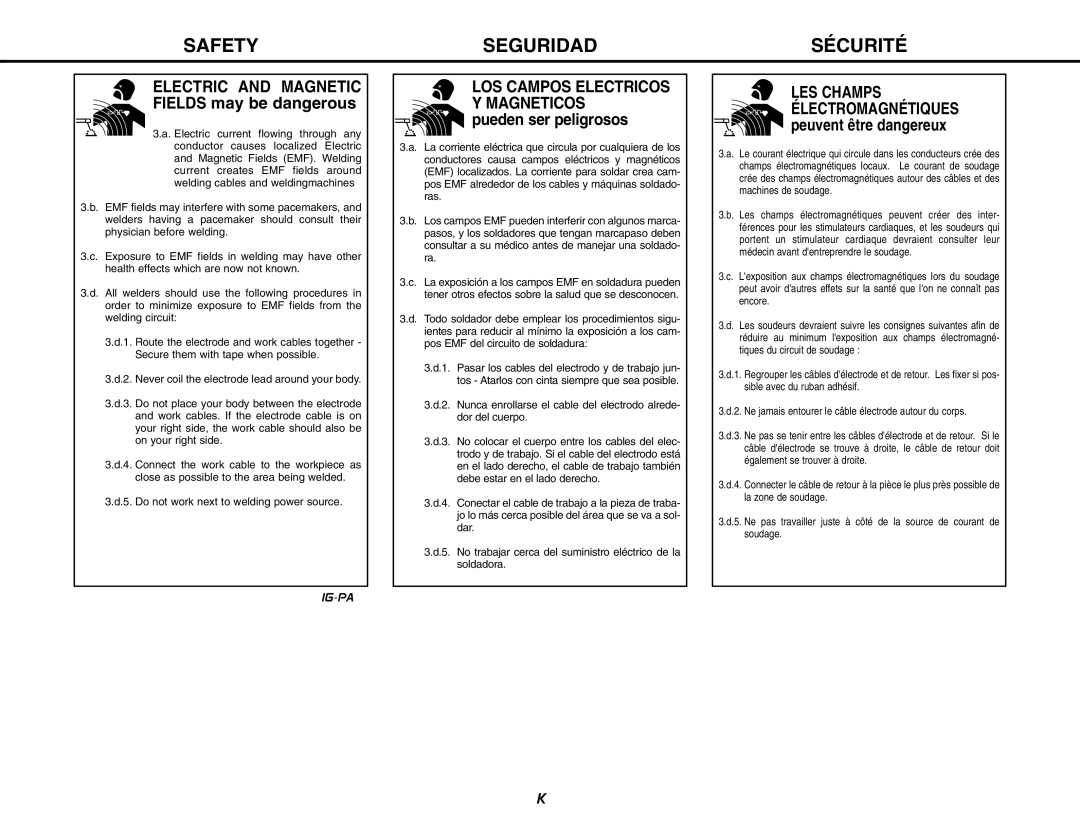 Lincoln Electric MIG-PAK 10 manual Electric and Magnetic, Fields may be dangerous, Pueden ser peligrosos 