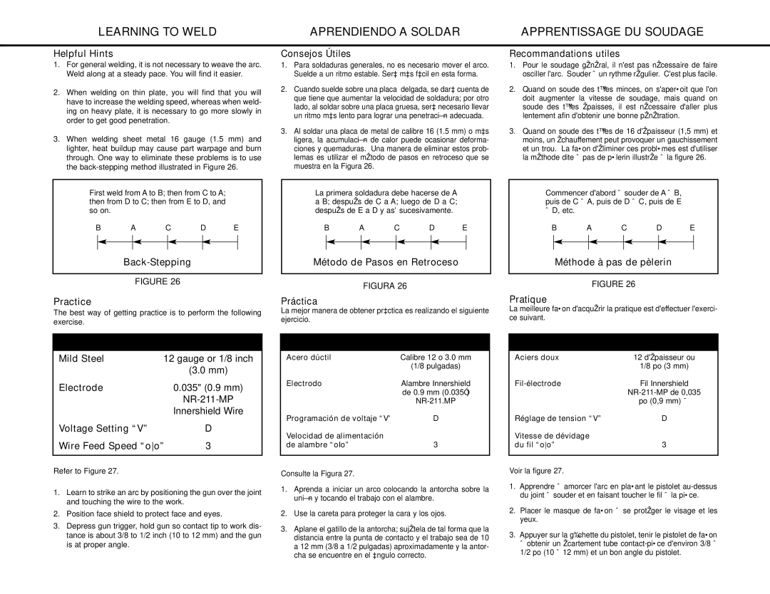 Lincoln Electric MIG-PAK 10 Helpful Hints, Back-Stepping Practice, Consejos Útiles, Método de Pasos en Retroceso, Práctica 