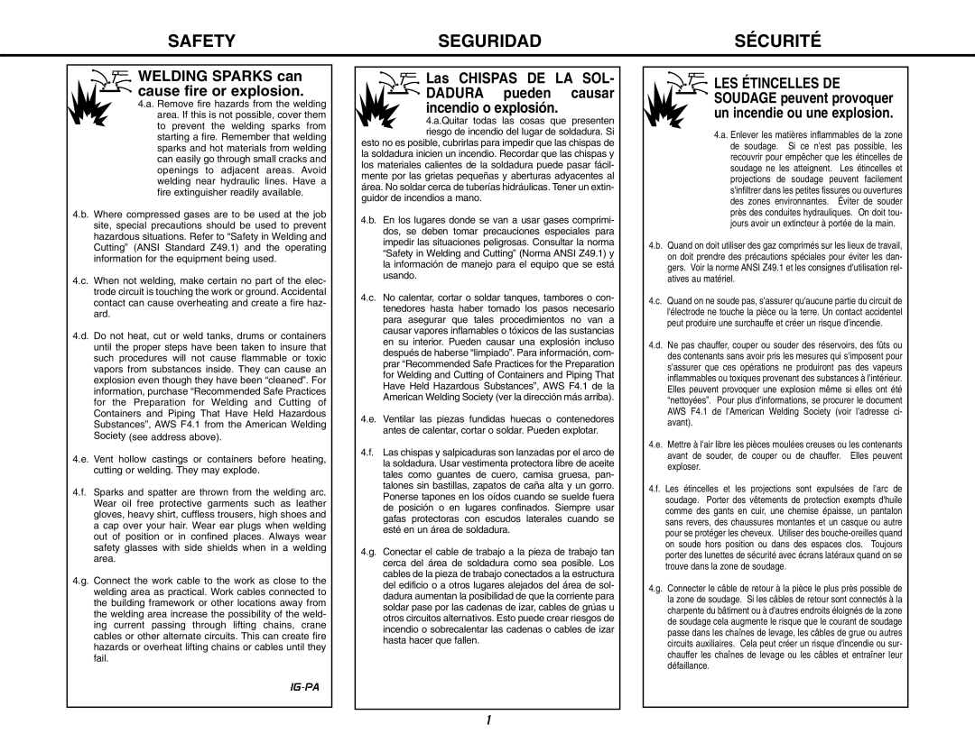 Lincoln Electric MIG-PAK 10 manual Welding Sparks can cause fire or explosion 