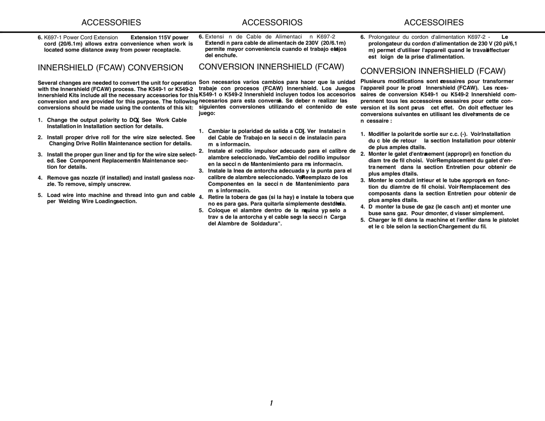Lincoln Electric MIG-PAK 10 manual Innershield Fcaw Conversion, Conversion Innershield Fcaw 
