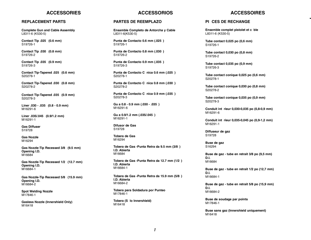 Lincoln Electric MIG-PAK 10 manual Accessorios, Replacement Parts, Partes DE Reemplazo, Pièces DE Rechange 
