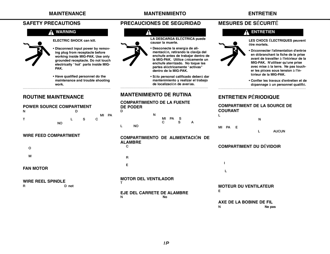Lincoln Electric MIG-PAK 10 Maintenance Safety Precautions, Routine Maintenance, Mantenimiento Precauciones DE Seguridad 