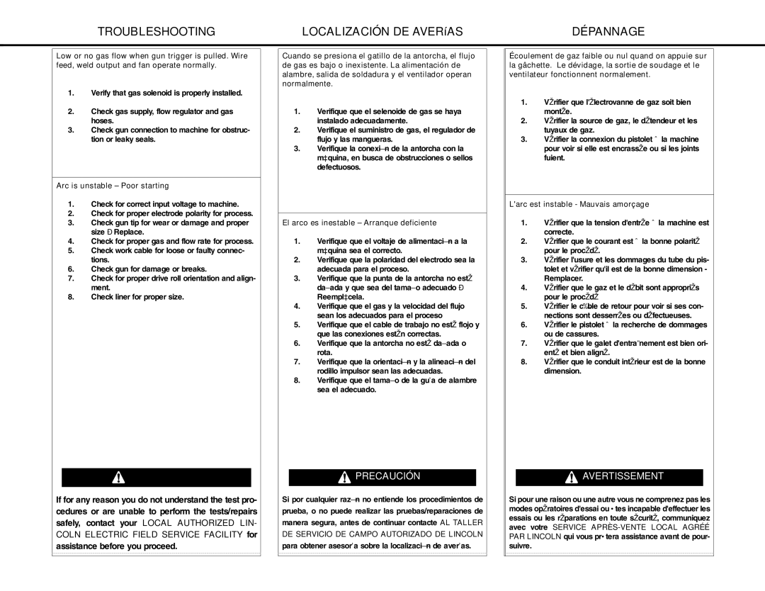 Lincoln Electric MIG-PAK 10 manual Arc is unstable Poor starting, El arco es inestable Arranque deficiente, Suivre 