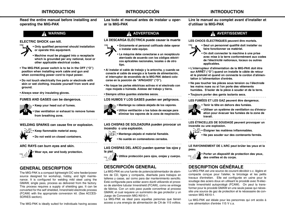 Lincoln Electric MIG-PAK 10 manual Introductionintroducción, General Description, Descripción General, Description Générale 