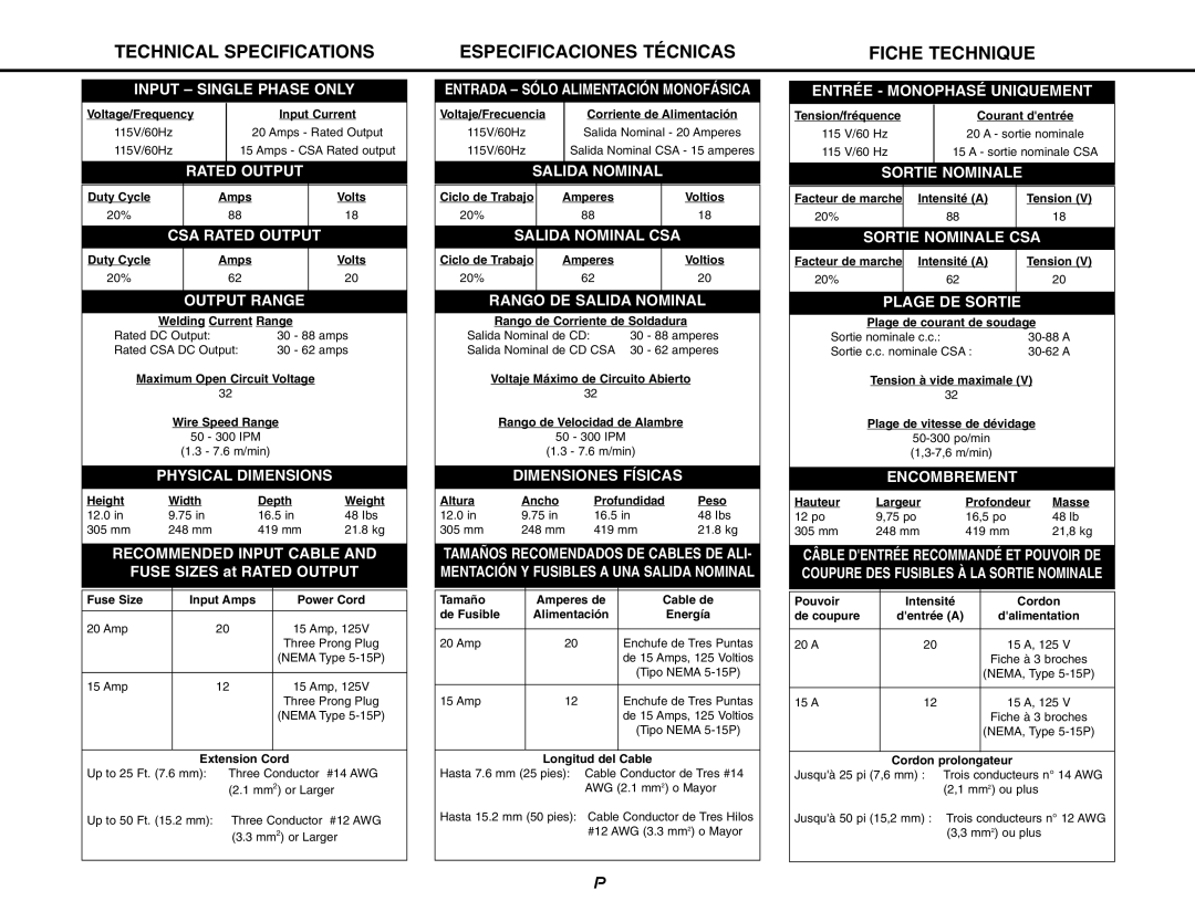 Lincoln Electric MIG-PAK 10 manual Technical Specifications, Especificaciones Técnicas, Fiche Technique 