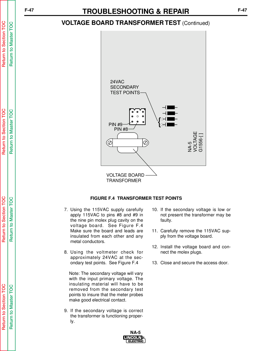 Lincoln Electric NA-5NF, NA-5SF service manual 24VAC Secondary Test Points 