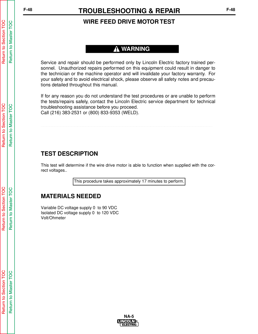 Lincoln Electric NA-5NF, NA-5SF service manual Wire Feed Drive Motor Test, Test Description 