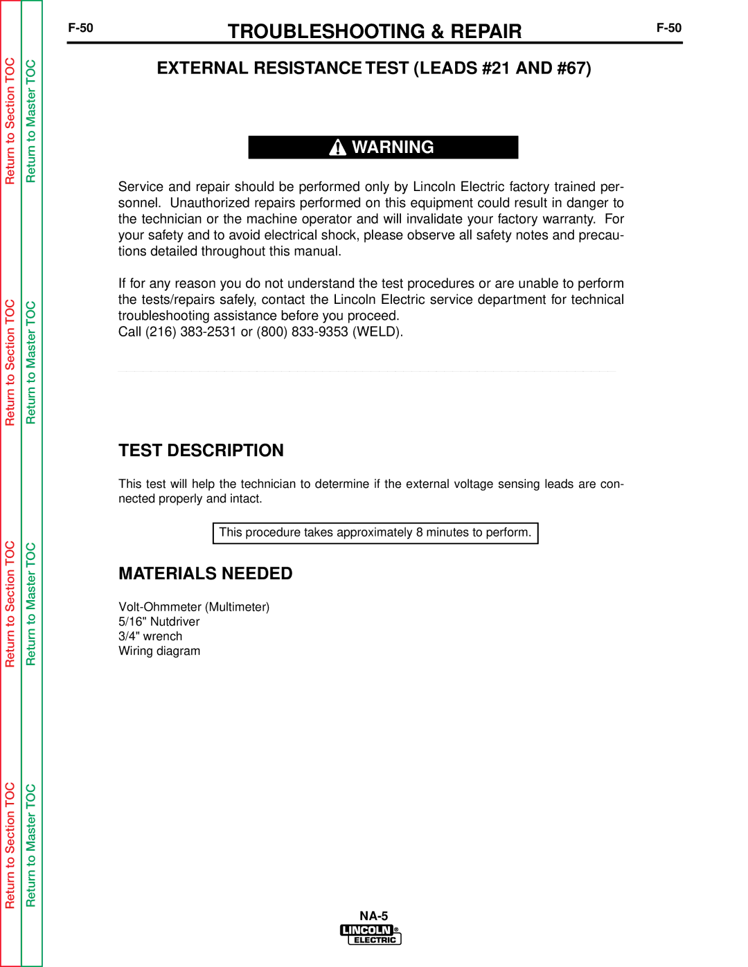 Lincoln Electric NA-5SF, NA-5NF service manual External Resistance Test Leads #21 and #67 